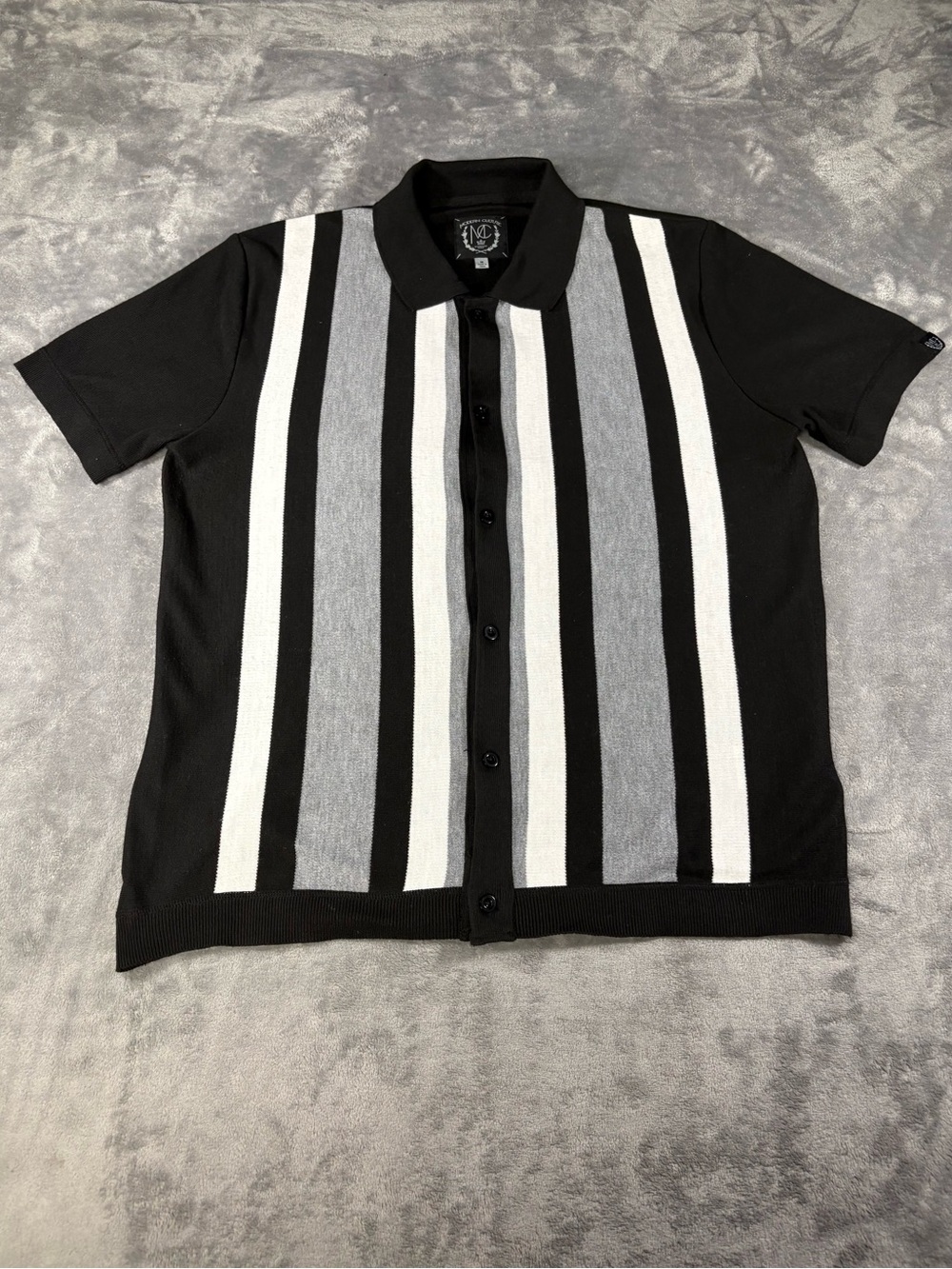 Black Short-Sleeve Button-Up Knit Shirt with Vertical Gray & White Stripes